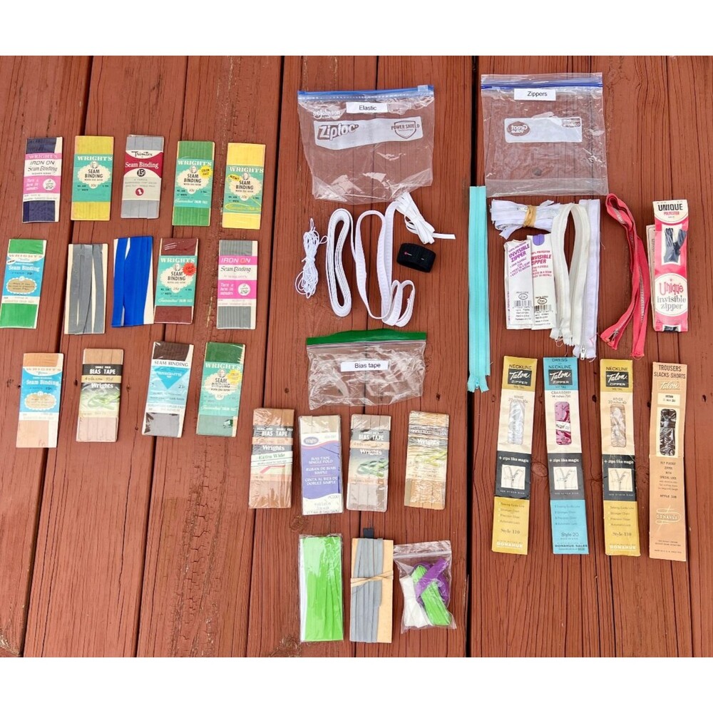 Vintage Sewing Notions Lot Wrights Bias Tape Seam Binding Zippers Elastic Bulk